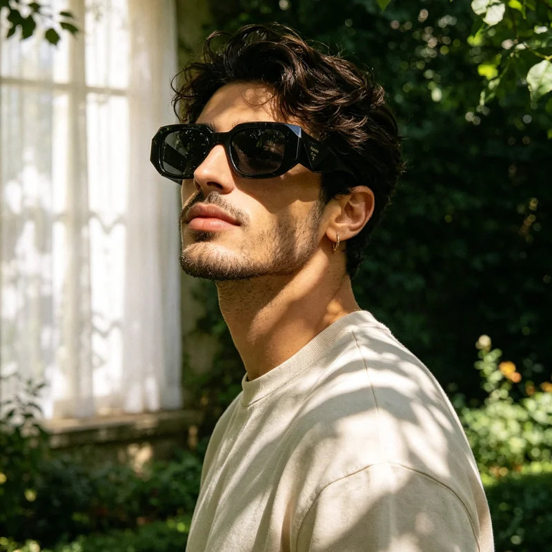 A man wearing black rectangular sunglasses and a light beige t-shirt, photographed outdoors in a garden setting with dappled sunlight and green foliage.