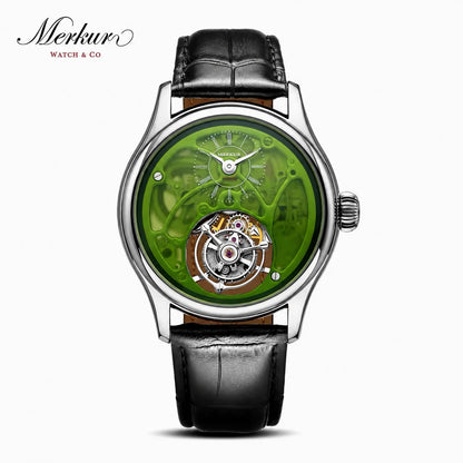 Merkur watch with black leather strap and green transparent face on a white background
