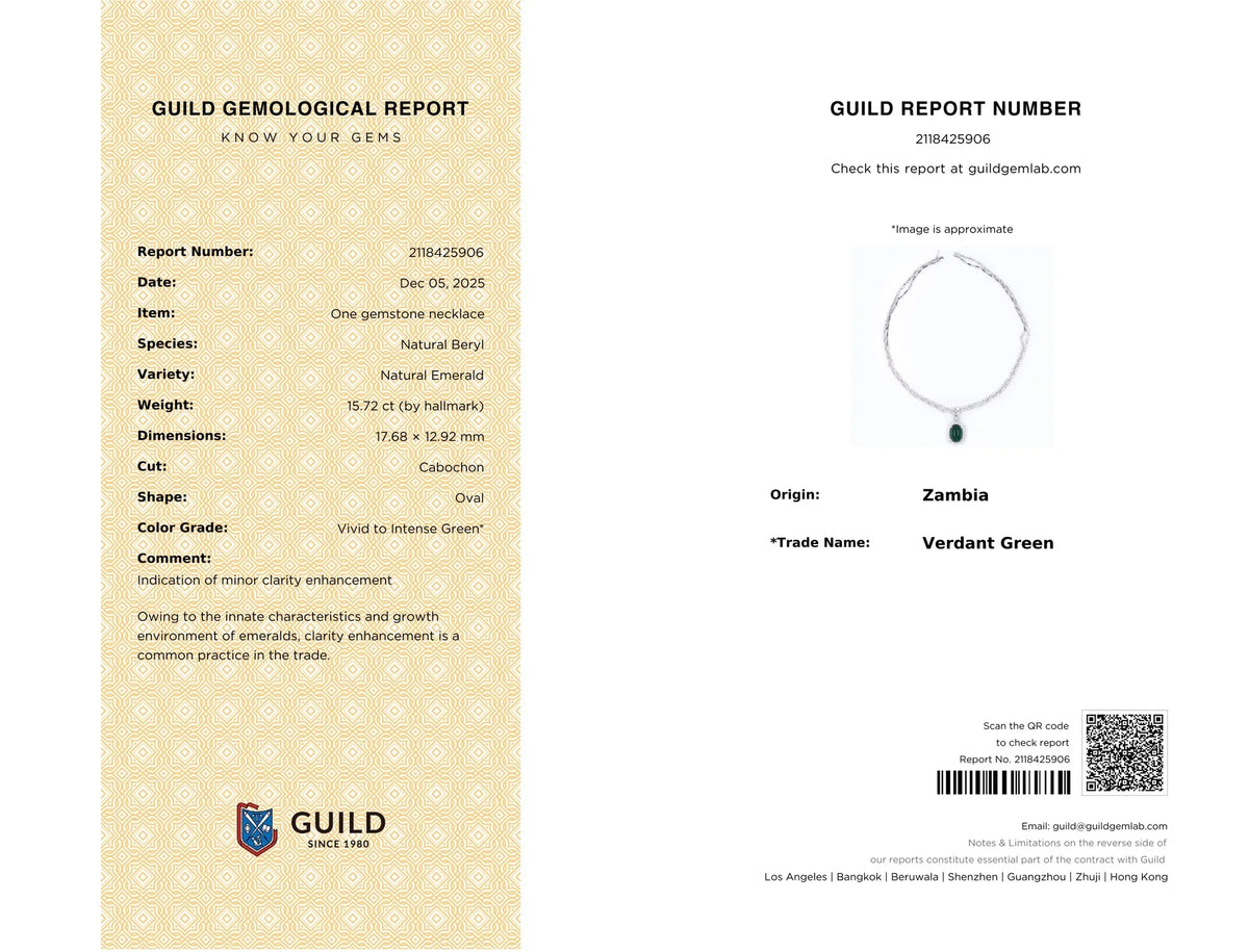 A gemological certificate report card from Guild Gemological Report, showing both the front and back of the document. The left side features a textured light beige background with black text detailing the report information, while the right side displays a placeholder image of a round pendant on a thin dark chain, along with report number, origin, and color details.