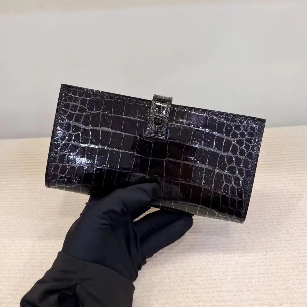 Men's High Gloss Genuine Crocodile Skin Long Wallet | Alligator Leather Card & Cash Holder | Luxury Bifold