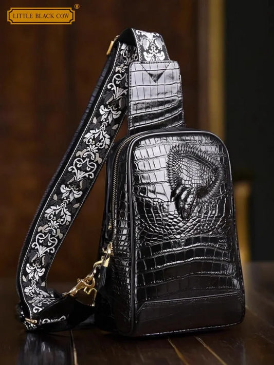 Top Quality Men Crocodile Genuine Leather Chest Bag Travel Flap Crossbody Bag New Fashion Floral Embroidery Strap Shoulder Bags