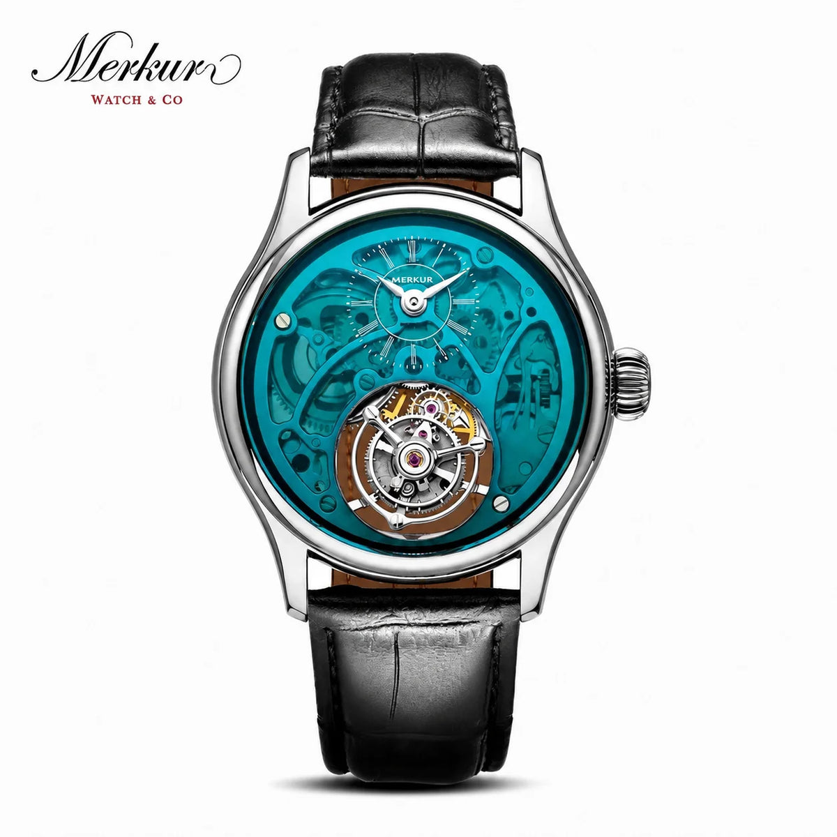 Merkur watch with black leather strap and transparent turquoise face on a white background