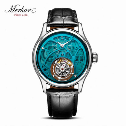 Merkur watch with black leather strap and transparent turquoise face on a white background