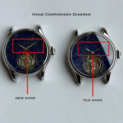 Two watches side by side with red boxes highlighting new and old hands, labeled 'Hand Comparison Diagram'.
