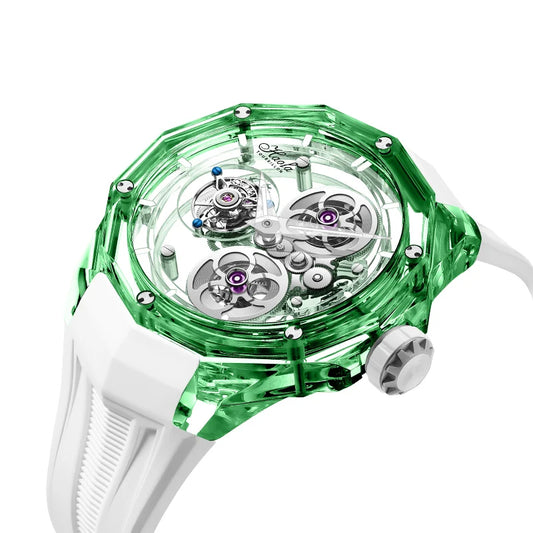 Green and white watch with transparent case on a white background