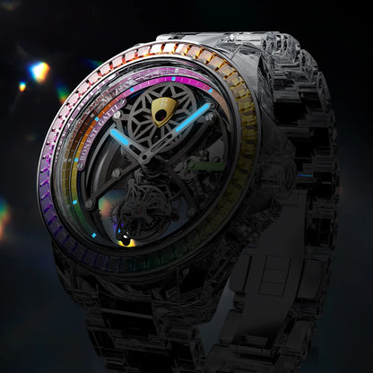 Close-up of a mechanical watch with colorful inner workings on a dark background