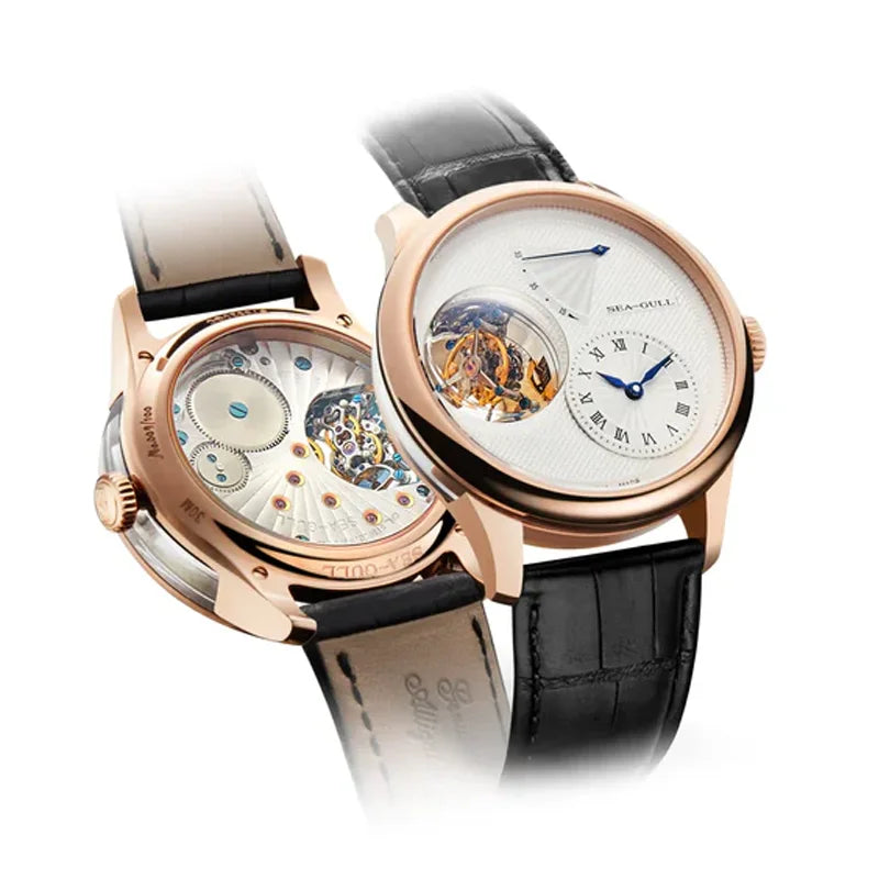 Two luxury wristwatches with rose gold cases and black leather straps, shown on a clean white background. One watch is positioned to show the detailed skeletonized dial with a visible tourbillon, while the other is angled to show the back casing and internal movement.