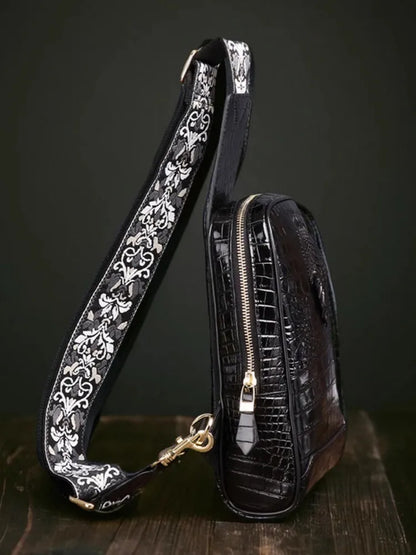Top Quality Men Crocodile Genuine Leather Chest Bag Travel Flap Crossbody Bag New Fashion Floral Embroidery Strap Shoulder Bags