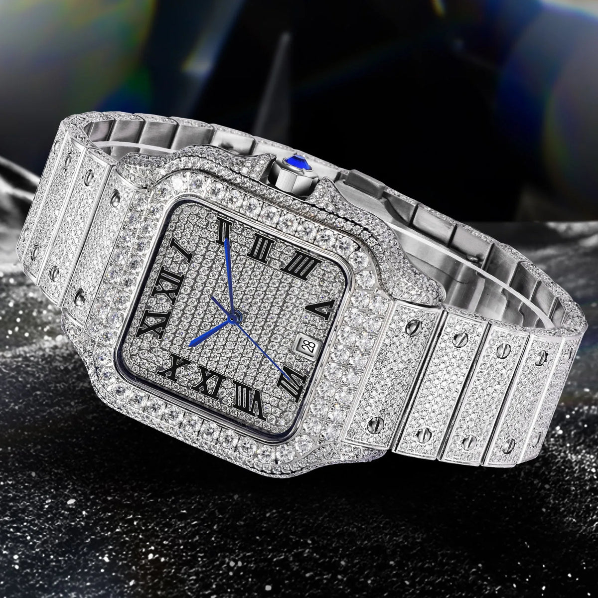 Luxury diamond-encrusted watch with a dark background