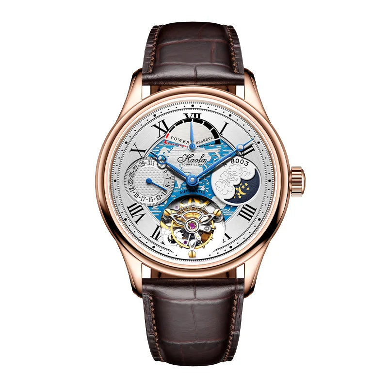 A luxury wristwatch featuring a rose gold case, a brown alligator leather strap, and a highly detailed skeleton dial with blue and gold mechanical elements, set against a plain white background.
