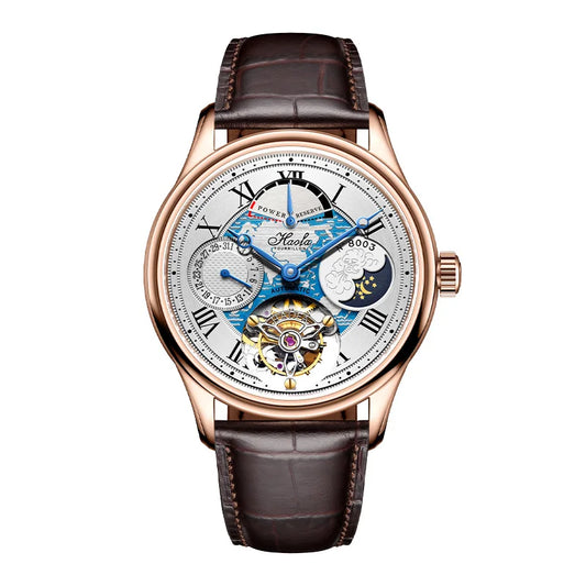 A luxury wristwatch featuring a rose gold case, a brown alligator leather strap, and a highly detailed skeleton dial with blue and gold mechanical elements, set against a plain white background.