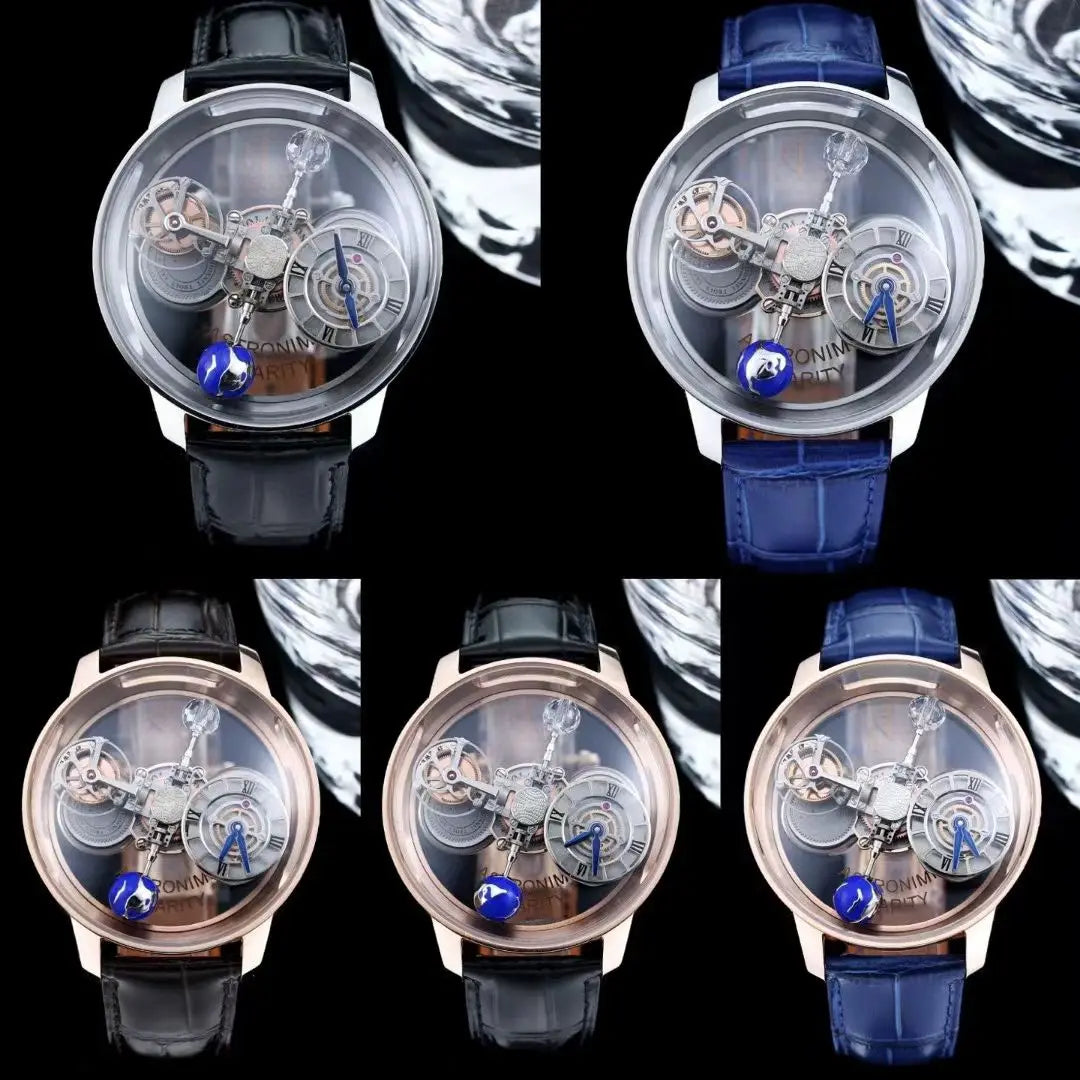 Luxury Astronomical Tourbillon Watch, 3D Celestial Rotating Dial Skeleton Quartz Wristwatch with Blue Leather Strap for Men