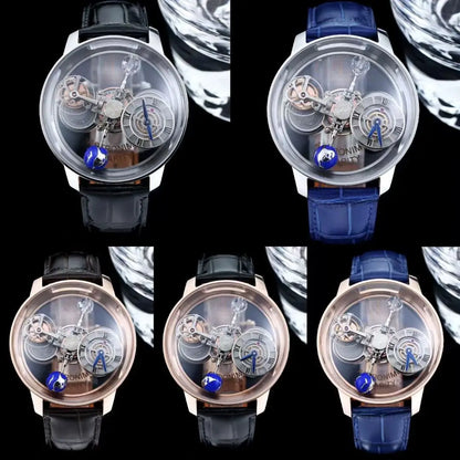 Luxury Astronomical Tourbillon Watch, 3D Celestial Rotating Dial Skeleton Quartz Wristwatch with Blue Leather Strap for Men