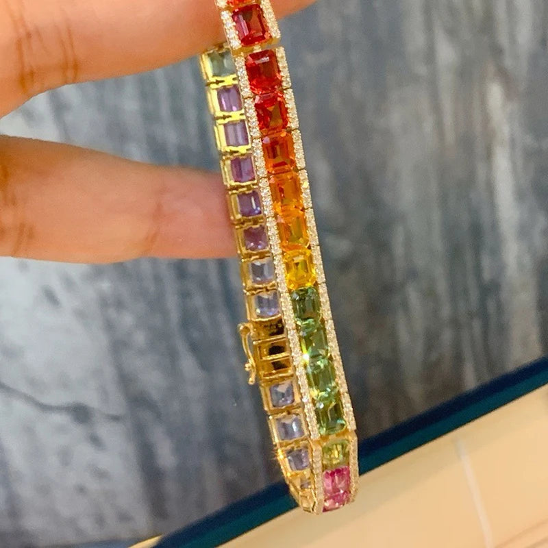 Aazuo Luxury 18K Yellow Gold Natrual Color Sapphire Real Diamonds Rainbow Bracelet For Woman Upscale Trendy Engagement Party