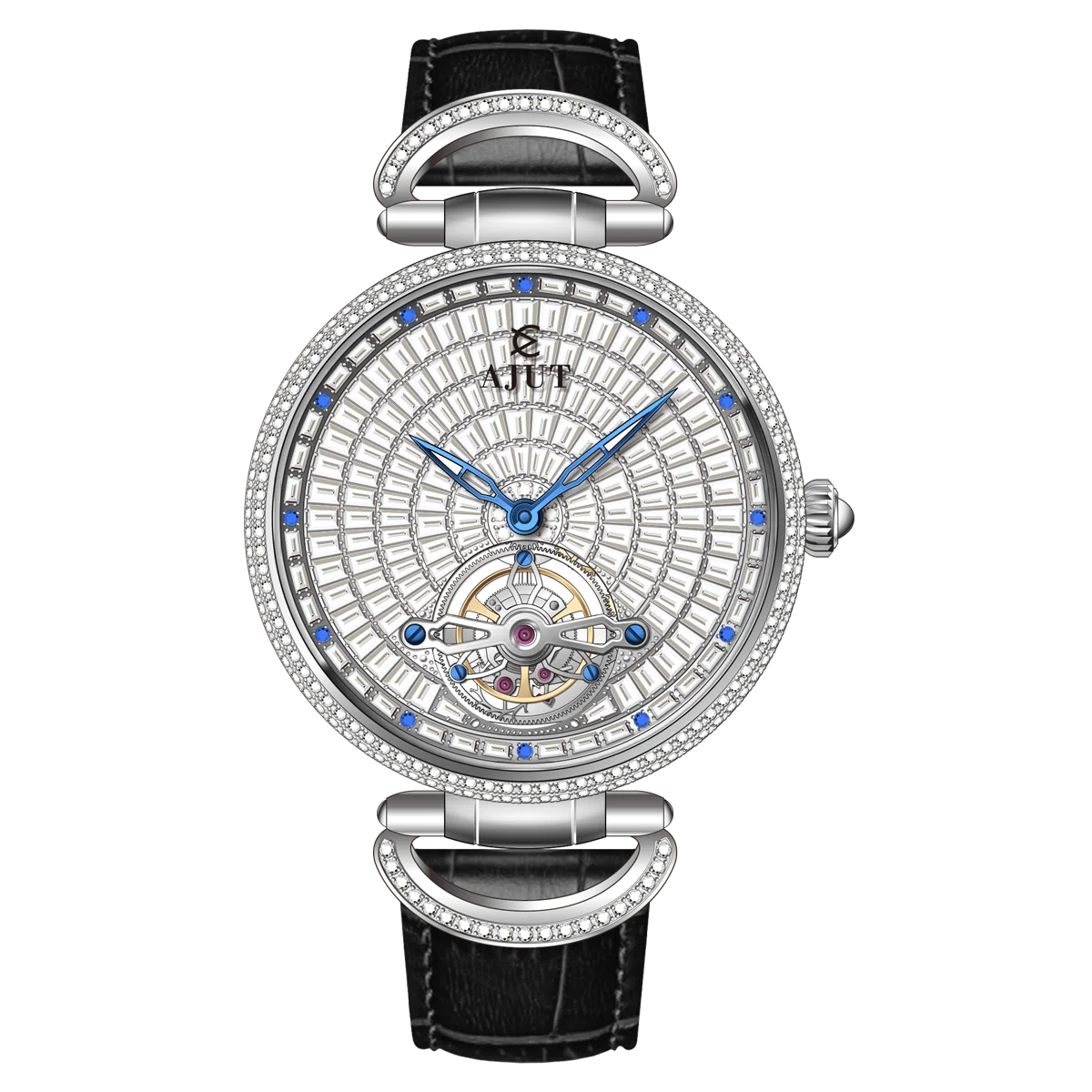 Luxury watch with intricate design and black leather strap on white background