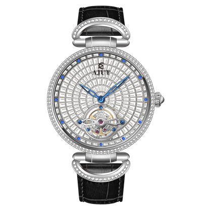 Luxury watch with intricate design and black leather strap on white background