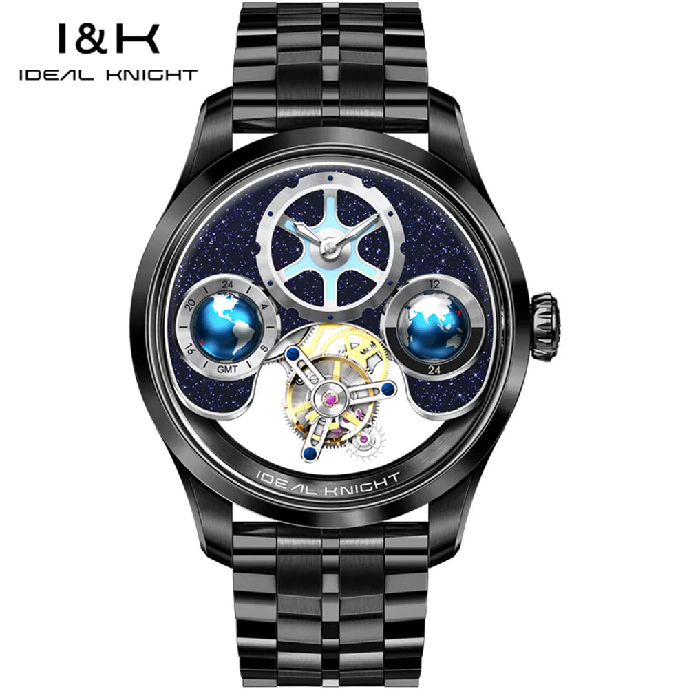 IDEAL KNIGHT Real Tourbillon Automatic Watches for Men 43mm Large Dial Blue Earth Series High-end Luxury Brand Mechanical Watch