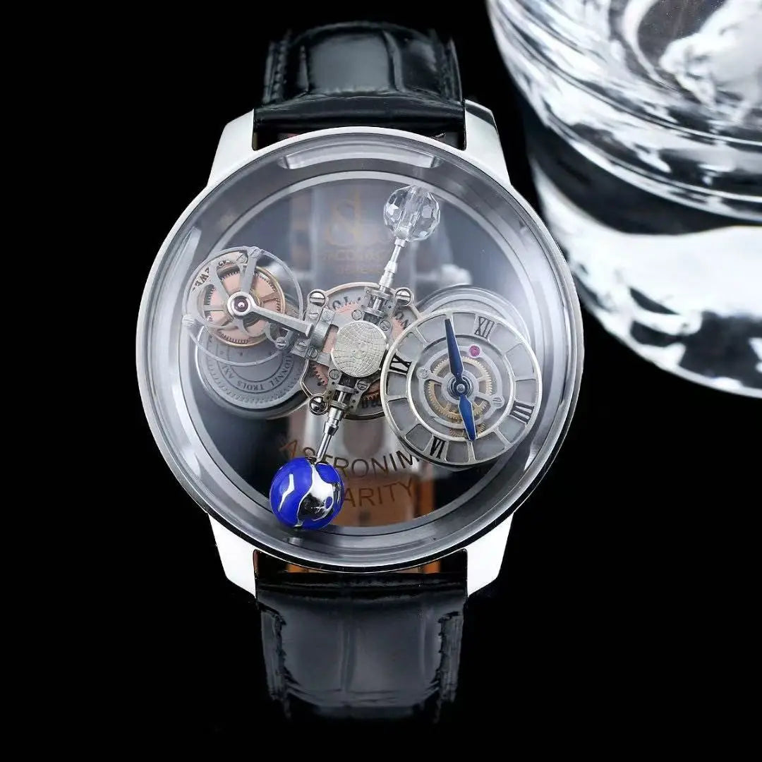 Luxury Astronomical Tourbillon Watch, 3D Celestial Rotating Dial Skeleton Quartz Wristwatch with Blue Leather Strap for Men