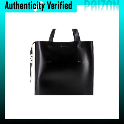 A black leather tote bag with double top handles, displayed against a white background with a teal border and 'Authenticity Verified' text at the top.