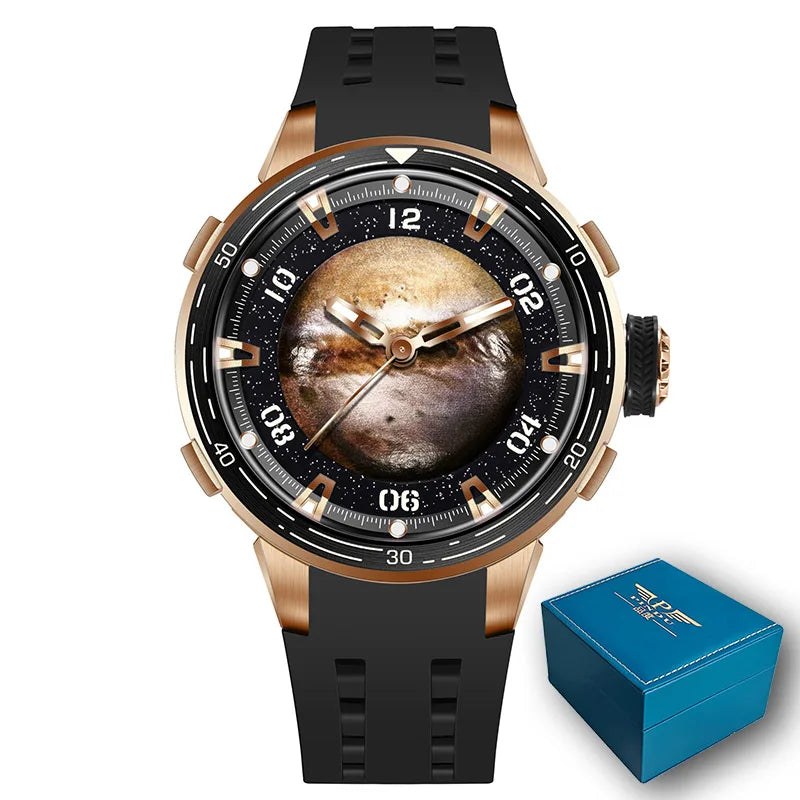 PINDU Design Watches Planet Series Miyota 8215 Mechanical Watch Men's Luminous Waterproof Curved Mirror Pointer Silicone Strap