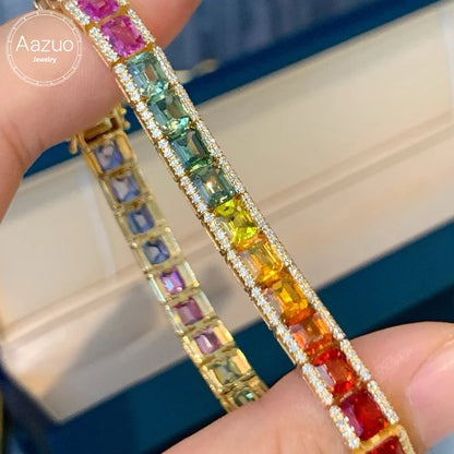 Aazuo Luxury 18K Yellow Gold Natrual Color Sapphire Real Diamonds Rainbow Bracelet For Woman Upscale Trendy Engagement Party