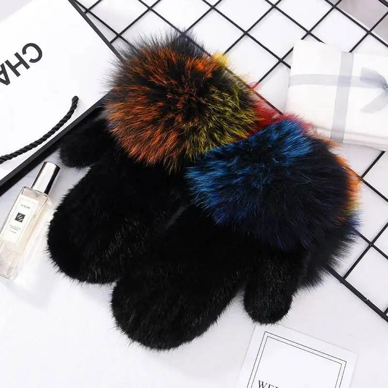 2026 Real Mink Fur Gloves For Women Winter Fox Fur Cuffs Women's Mittens Hand Knitted Full Finger Gloves Lady Fluffy Luxury Fur