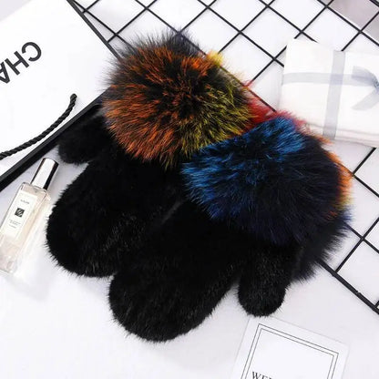 2026 Real Mink Fur Gloves For Women Winter Fox Fur Cuffs Women's Mittens Hand Knitted Full Finger Gloves Lady Fluffy Luxury Fur