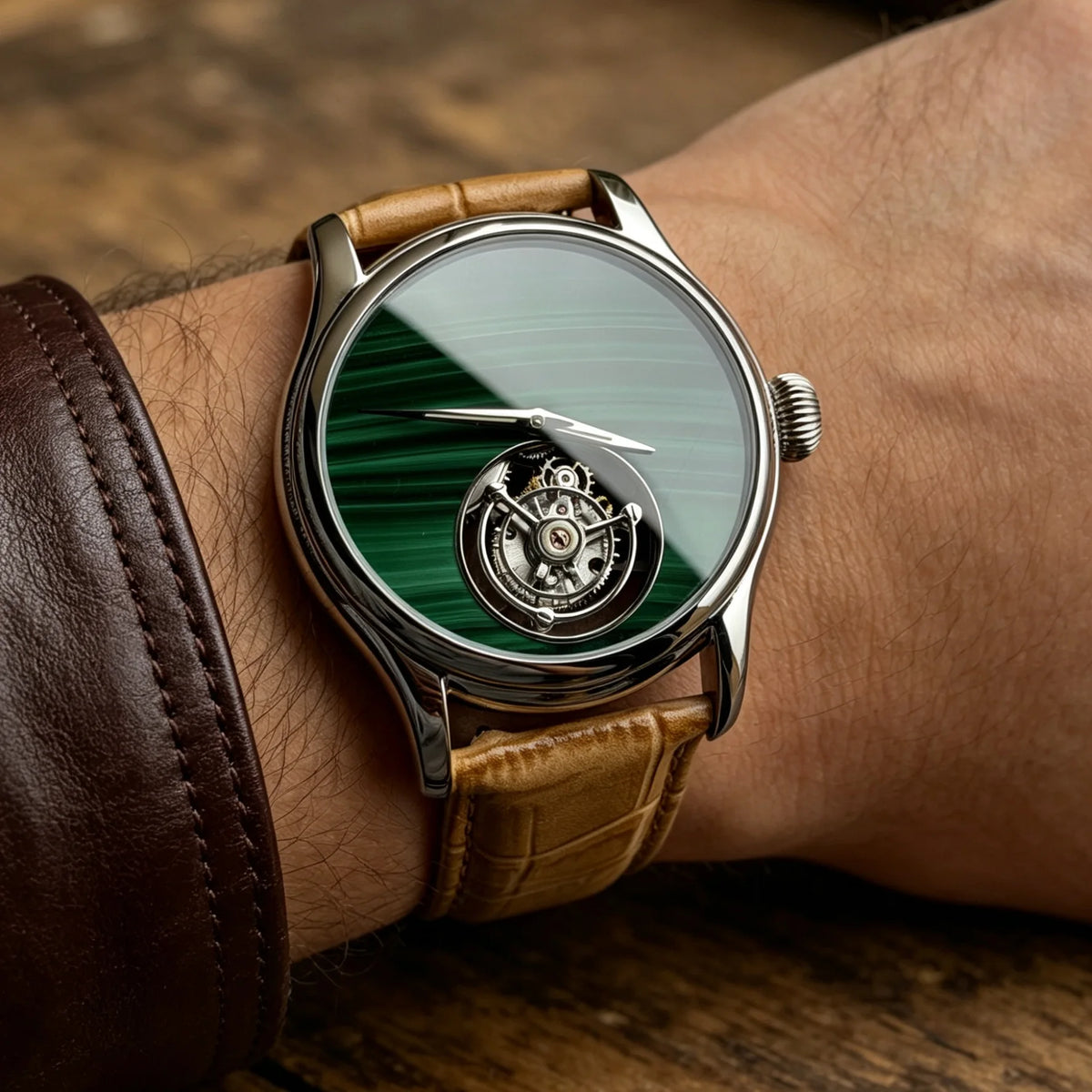 Watch with a green face and brown leather strap on a wrist.