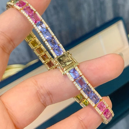 Aazuo Luxury 18K Yellow Gold Natrual Color Sapphire Real Diamonds Rainbow Bracelet For Woman Upscale Trendy Engagement Party