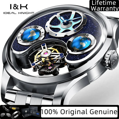 IDEAL KNIGHT Real Tourbillon Automatic Watches for Men 43mm Large Dial Blue Earth Series High-end Luxury Brand Mechanical Watch
