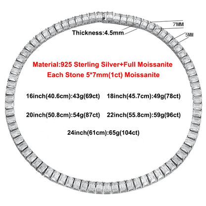 A circular sterling silver bracelet with full moissanite stones, shown on a white background with text detailing its thickness, material, and weight at different lengths.