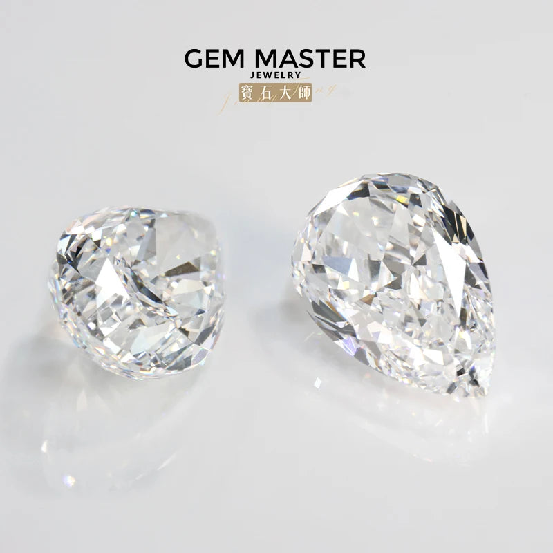 Two clear gemstones on a light gray background with 'Gem Master Jewelry' branding.