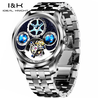 IDEAL KNIGHT Real Tourbillon Automatic Watches for Men 43mm Large Dial Blue Earth Series High-end Luxury Brand Mechanical Watch