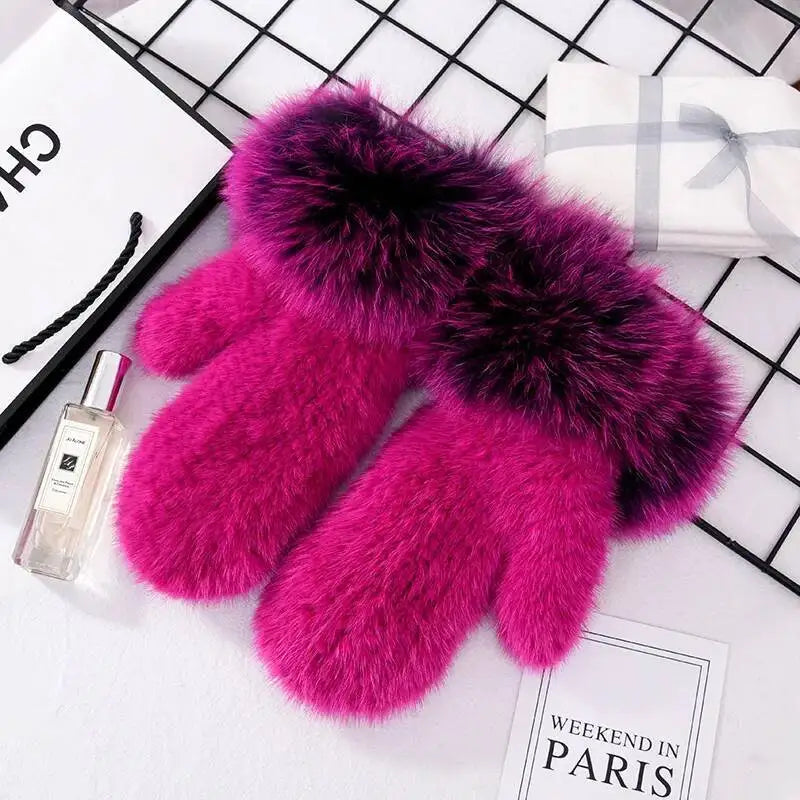 2026 Real Mink Fur Gloves For Women Winter Fox Fur Cuffs Women's Mittens Hand Knitted Full Finger Gloves Lady Fluffy Luxury Fur
