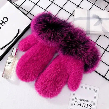 2026 Real Mink Fur Gloves For Women Winter Fox Fur Cuffs Women's Mittens Hand Knitted Full Finger Gloves Lady Fluffy Luxury Fur