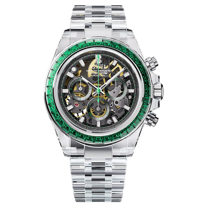 Omega x Swatch MoonSwatch Perpetual watch featuring a silver-tone stainless steel case, a green bezel, and a detailed skeleton dial with gold and green accents.