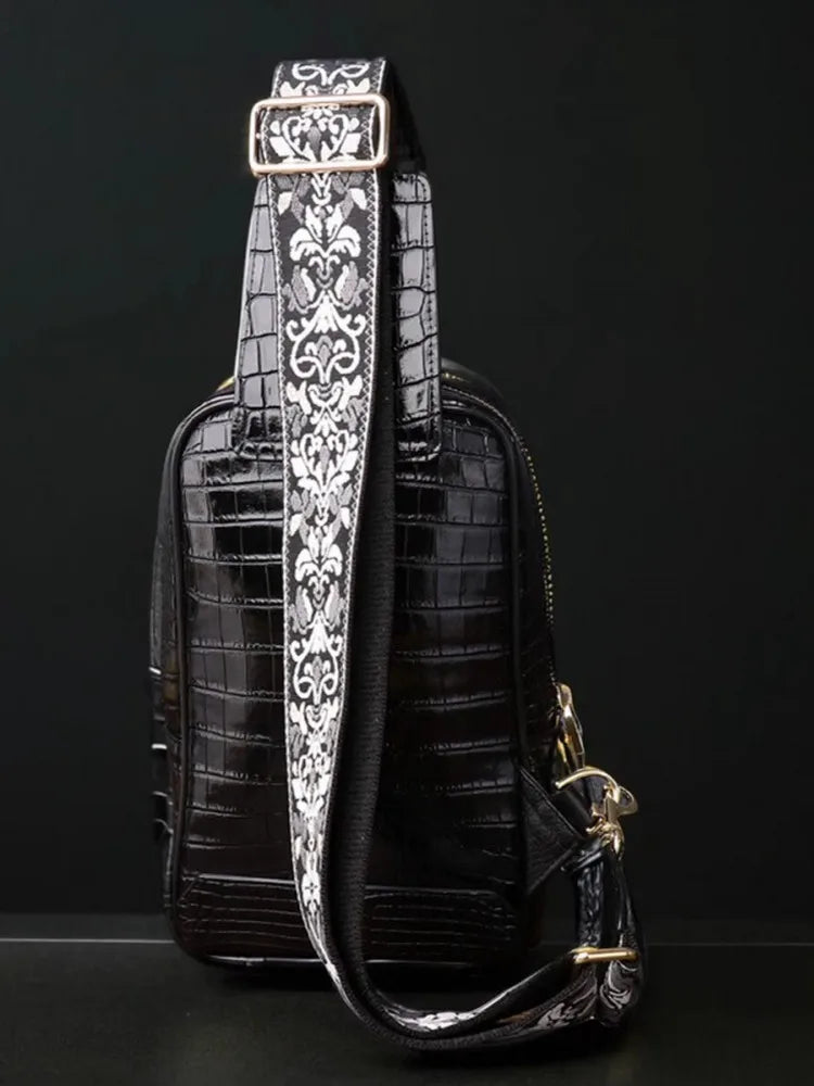 Top Quality Men Crocodile Genuine Leather Chest Bag Travel Flap Crossbody Bag New Fashion Floral Embroidery Strap Shoulder Bags