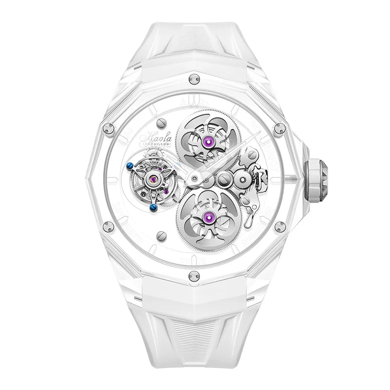 White mechanical watch with visible gears on a white background