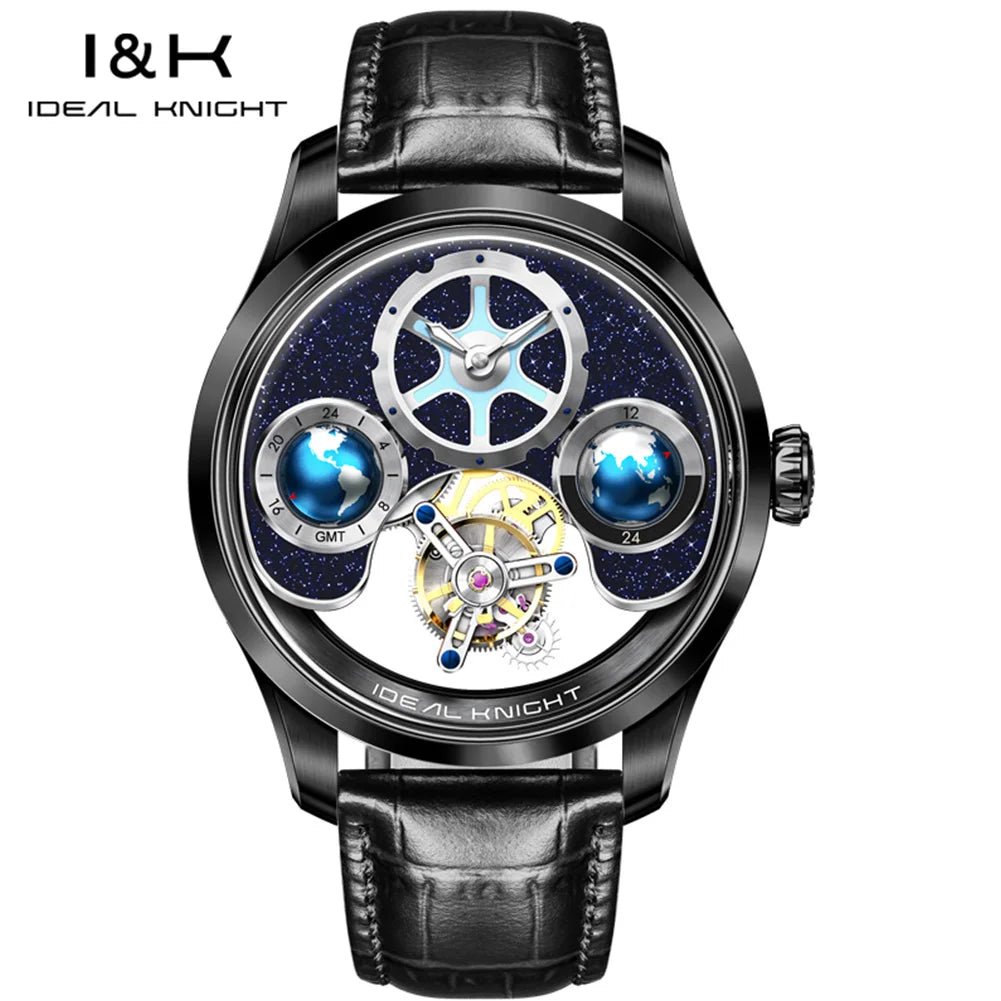 IDEAL KNIGHT Real Tourbillon Automatic Watches for Men 43mm Large Dial Blue Earth Series High-end Luxury Brand Mechanical Watch
