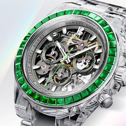 A luxury skeleton watch with a silver-tone stainless steel case, featuring a bezel lined with vivid green gemstones and a complex multi-dial mechanical movement visible through the open dial.