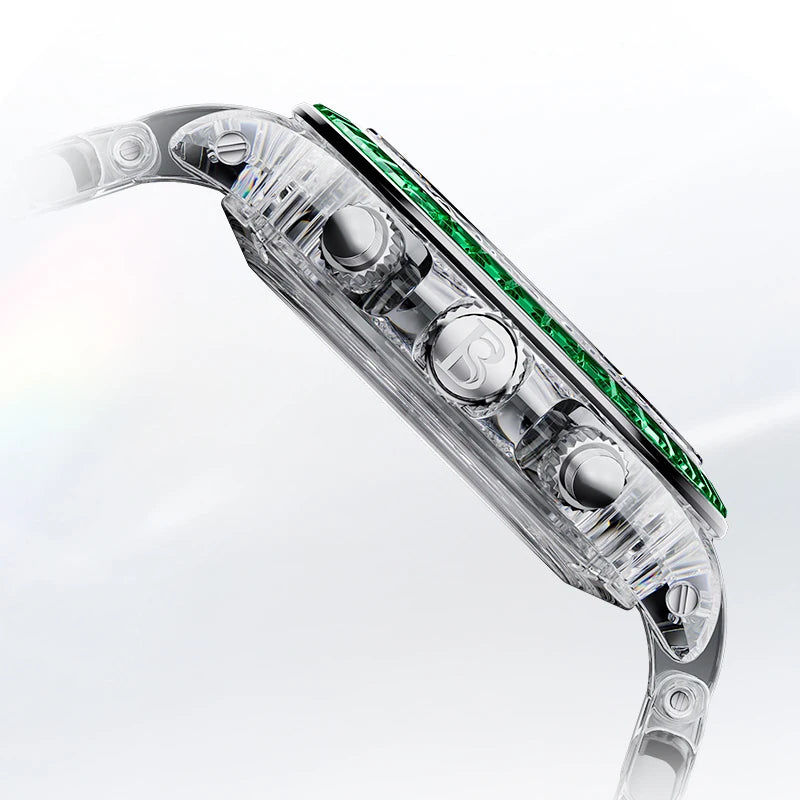 Close-up side view of a transparent smartwatch with a silver metallic case, green bezel accents, and a white background.