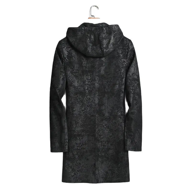 Black textured coat on a hanger against a white background