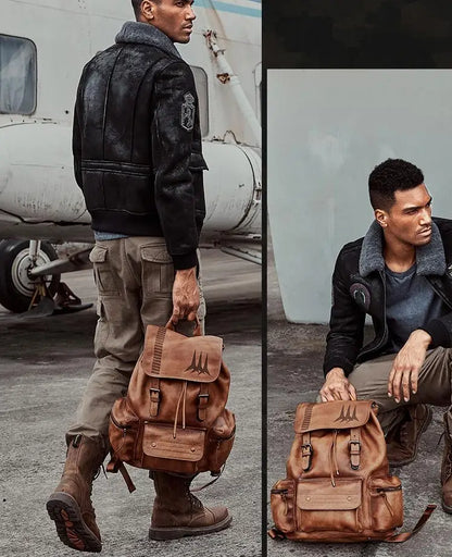 A man wearing a black leather jacket and brown boots carries a brown leather backpack with a fur collar in front of an airplane, with a second view showing him kneeling beside the backpack on the ground.