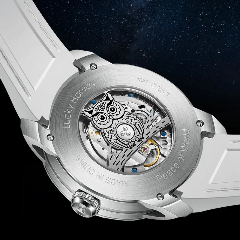 Close-up of a watch with intricate design and brand name on a dark background
