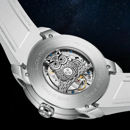 Close-up of a watch with intricate design and brand name on a dark background