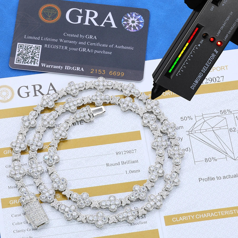 Diamond necklace with GRA certification card and diamond analyzer on a blue background