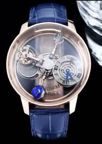 Luxury Astronomical Tourbillon Watch, 3D Celestial Rotating Dial Skeleton Quartz Wristwatch with Blue Leather Strap for Men
