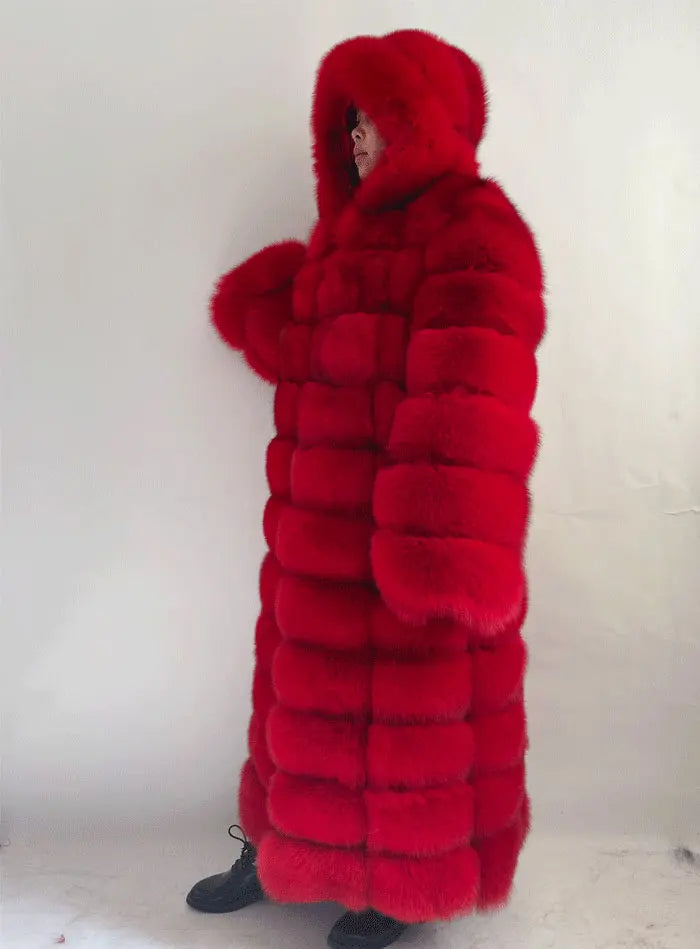 Vexaro Winter Women's Real Fox Fur Coat | Hooded Natural Fur Overcoat