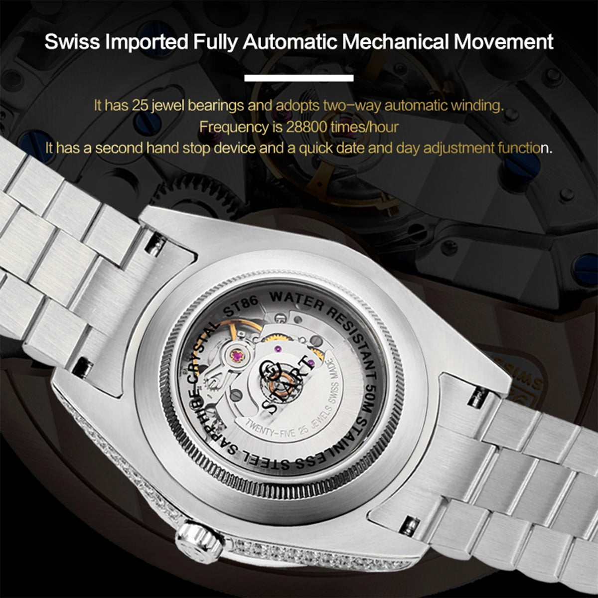 【START】Men's watch Swiss Automatic Mechanical Movement Diamond Watch Waterproof Date Week Function Golden watch