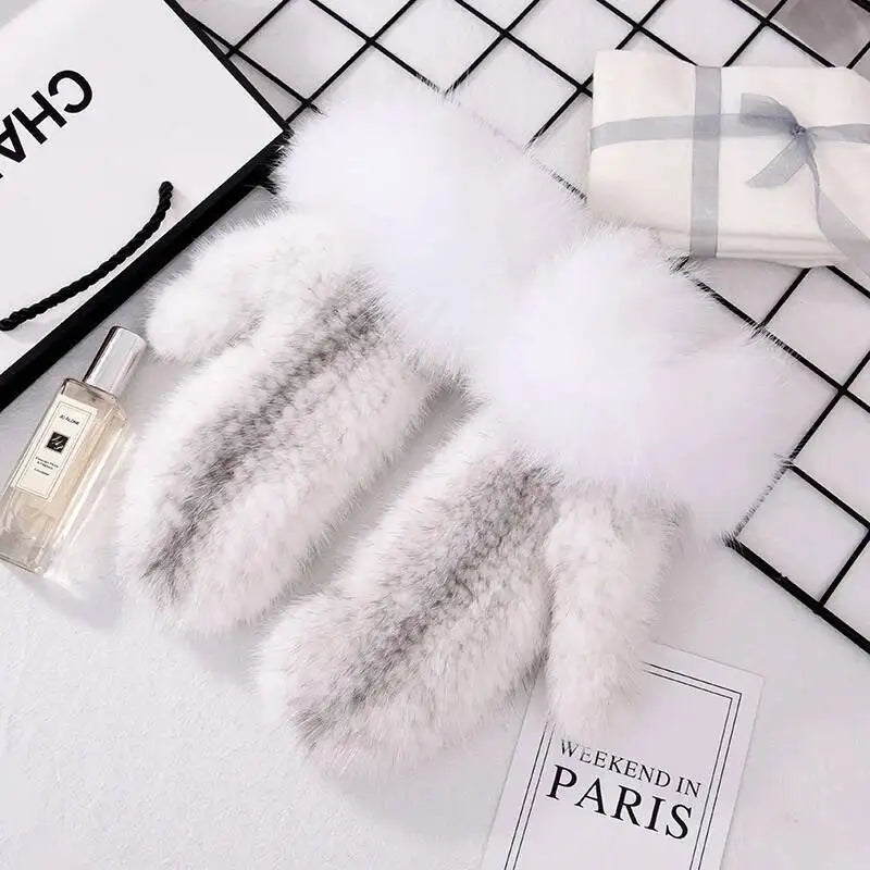 2026 Real Mink Fur Gloves For Women Winter Fox Fur Cuffs Women's Mittens Hand Knitted Full Finger Gloves Lady Fluffy Luxury Fur